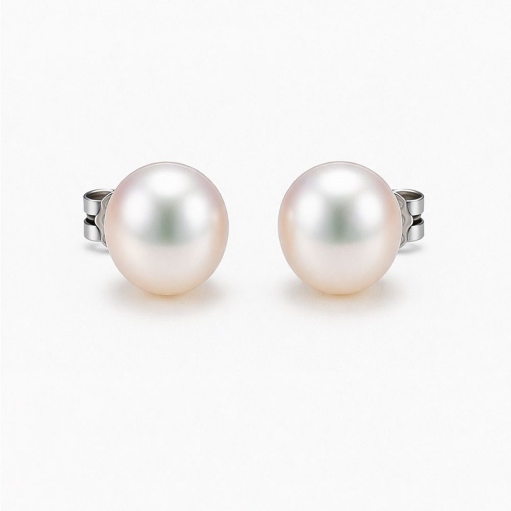 8.5mm Real Freshwater Pearl Stud Earrings 925 Silver + 18K White Gold Luxury